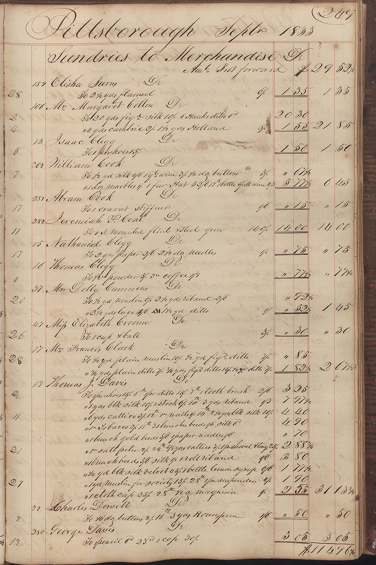 A handwritten ledger page with dated entries and amounts in columns